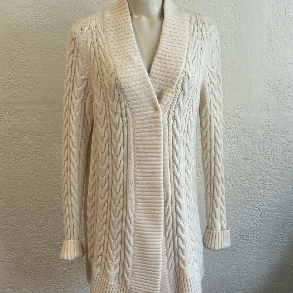 𝅺ANN TAYLOR Ivory Open Front Cable Knit Alpaca Wool Blend Cardigan Size M